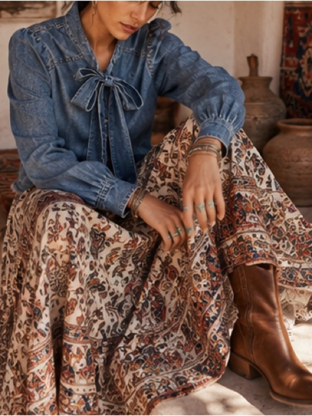 Anthropologie Pilcro Tie Neck Blouse Chambray Puff Balloon Sleeve Excellent M - Picture 11 of 11